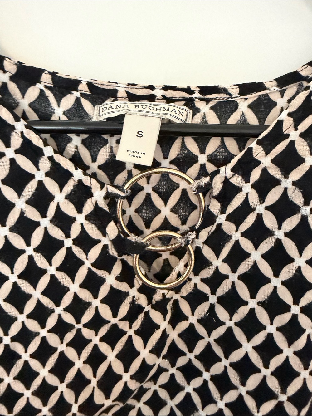 Dana Buchman Black and Cream Geometric Tunic with Gold Ring Detail